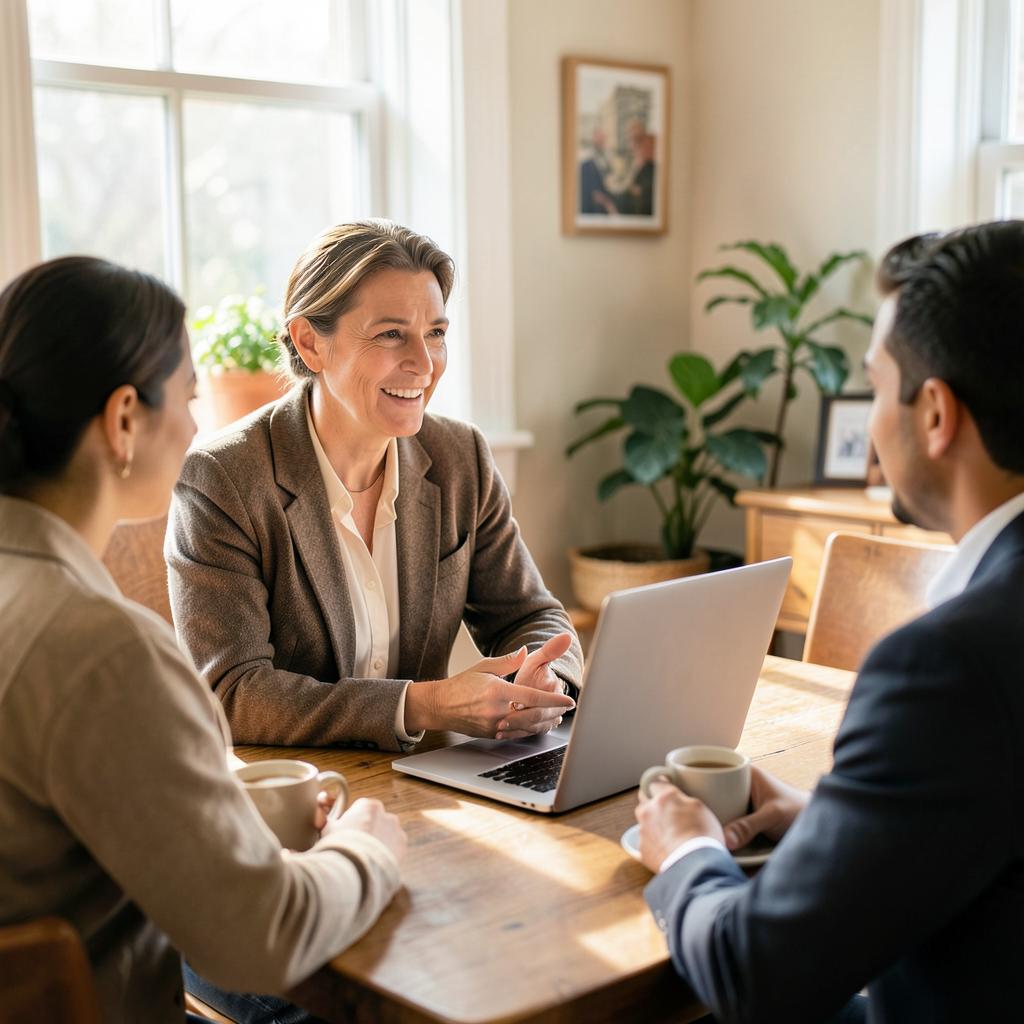 Coach in gesprek met klanten aan een houten tafel
